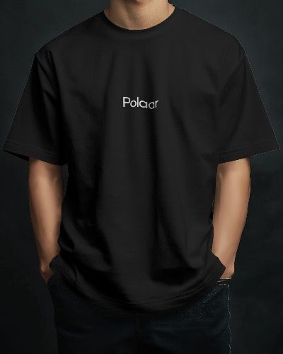 Person wearing a black T-shirt with 'Polar' logo, hands in pockets.